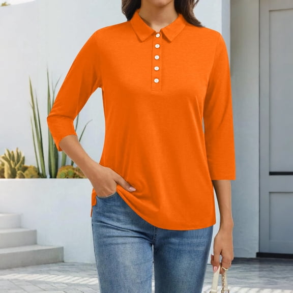 CCRFTGI 3/4 length sleeve womens tops Casual Polos Basic Lapel V Neck Collared T Shirts Fall Solid Color Loose Button Up Tops Saffron XXL