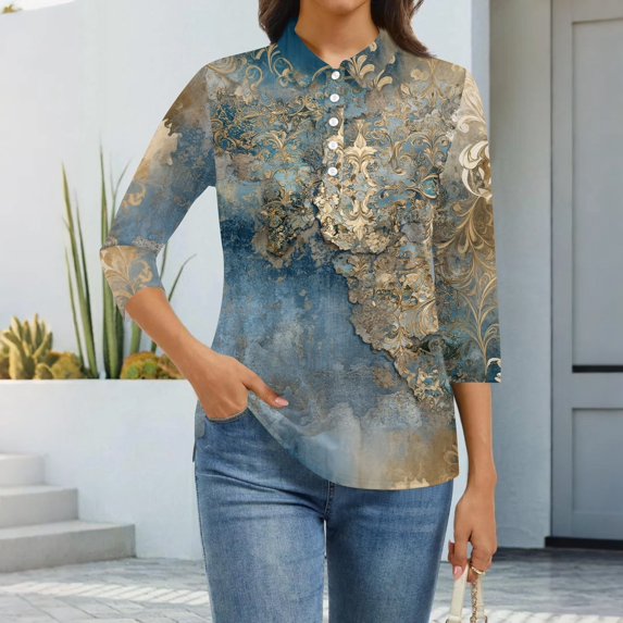 CCRFTGI 3/4 length sleeve womens tops Casual Polos Basic Lapel V Neck Collared T Shirts Fall Vintage Ethnic Print Loose Fit Button Up Tees Shirts Light Blue XXL