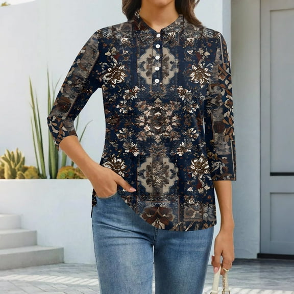 CCRFTGI 3/4 length sleeve womens tops Casual Polos Basic V Neck Collared Shirts Fall Western Ethnic Style Lightweight Button Tees Shirts Navy S