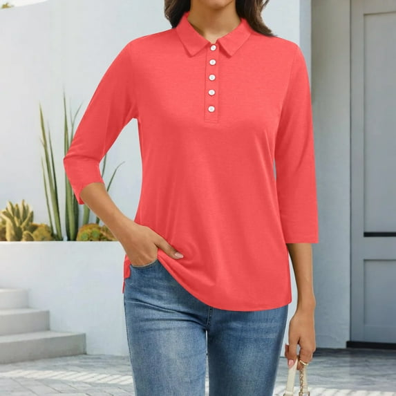 CCRFTGI 3/4 length sleeve womens tops Casual Polos Basic V Neck Collared T Shirts Fall Solid Color Loose Button Down Tees Shirts Watermelon Red XXXL