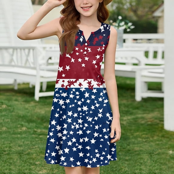 CCRFTGI 4th of July Dresses for Children Girls Size 8 Funny American Flag Stars Mini Dress V-Neck Independence Day Sleeveless Girls Dresses 2026 Summer Trendy Dresses Royal Blue 7-8 Years