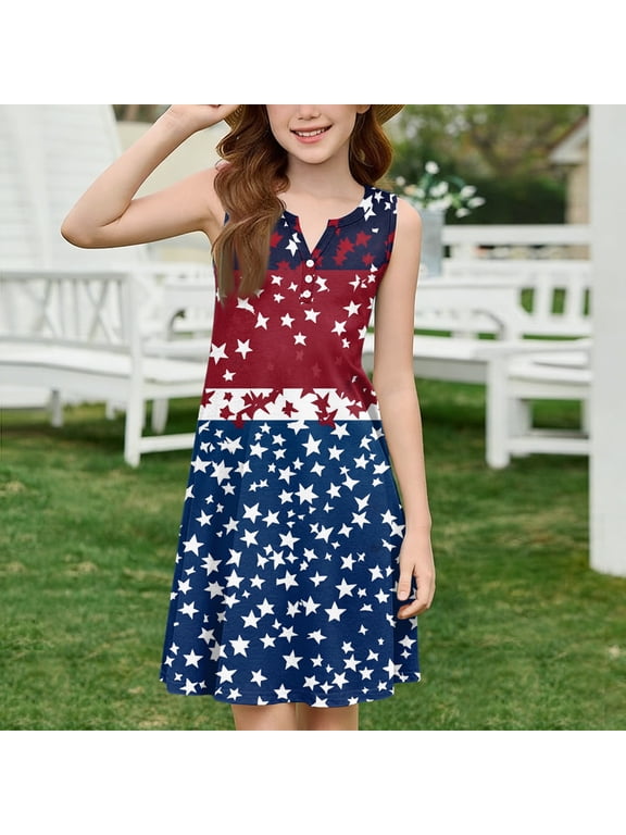4th of July Dresses for Children Girls Size 8 Funny American Flag Stars Mini Dress V-Neck Independence Day Sleeveless Girls Dresses Summer Trendy Dresses Royal Blue 7-8 Years
