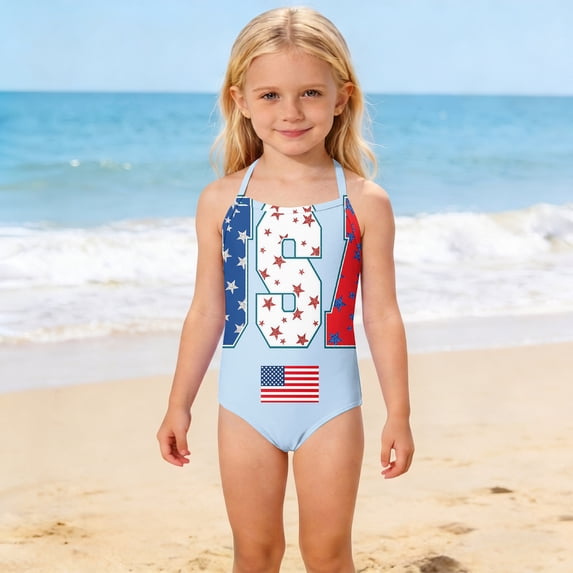 CCRFTGI 4th of July Girls Swimsuit Summer Beach Bathing Suit One Piece Patriotic America Flag Swimwear Beach Adjustable Strap Girls Clothes Bathing Suits for Kids Light Blue 5-6 Years