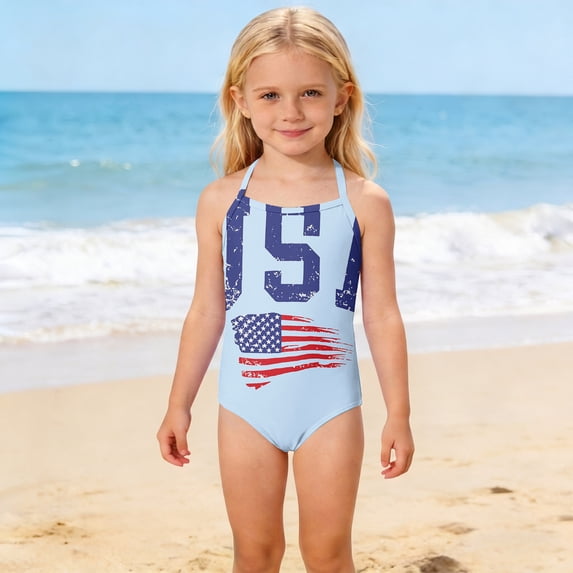 CCRFTGI 4th of July Girls Swimsuit Summer Beach Bathing Suit One Piece Patriotic USA Flag Swimwear Beach Adjustable Strap Girls Clothes Bathing Suits for Kids Light Blue 12-13 Years