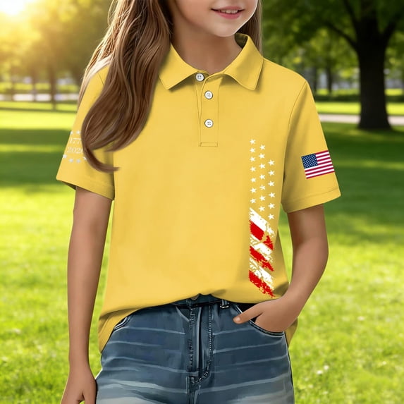 CCRFTGI 4th of July Polo Shirts for Child Girls 10-12 School Uniform 250 Anniversary USA Flag Shirts American Flag Stars Button Collared Polo Summer Tee Tops Yellow 7-8 Years