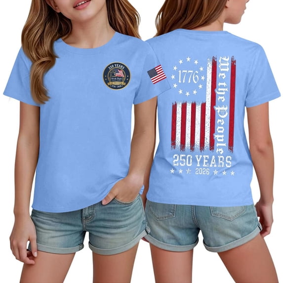 CCRFTGI 4th of July Shirts for Children Girls 10-12 We The People 250 Anniversary USA Flag Summer Patriotic Tunic Blouses 250th anniversary usa shirt Girls Fashion Tops Light Blue 2-3 Years