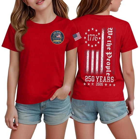 CCRFTGI 4th of July Shirts for Children Girls 10-12 We The People 250 Anniversary USA Flag Summer Patriotic Tunic Blouses 250th anniversary usa shirt Girls Fashion Tops Red 12-13 Years