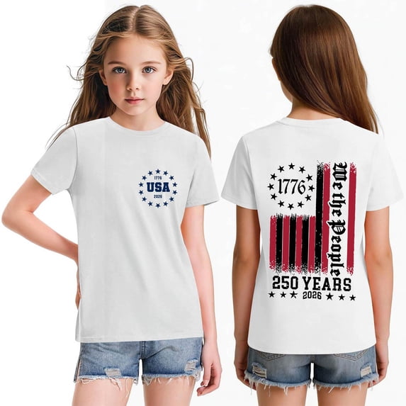 CCRFTGI 4th of July Shirts for Children Girls 10-12 Short Sleeve Happy USA Flag Summer Patriotic Tunic Blouses 1776 Festival Girls Clothes Tops White 9-10 Years