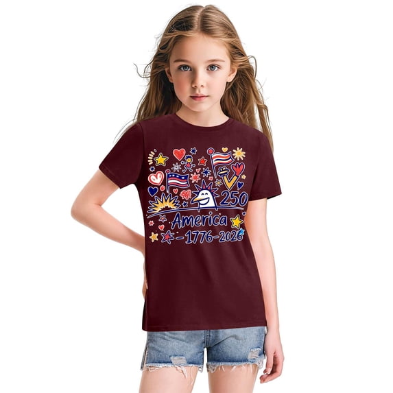 CCRFTGI 4th of July Shirts for Children Girls Size 10-12 USA Shirts 250th Anniversary 1776-2026 Summer Patriotic Tunic Blouses 1776 Festival Girls Fashion Tops Wine 12-13 Years