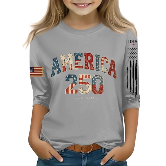 CCRFTGI 4th of July Shirts for Kids Girls 10-12 USA Shirts 3/4 Sleeve 250 anniversary usa flag Summer Cute Casual Tshirts 1776 Festival Girls Clothes Tops Gray 3-4 Years