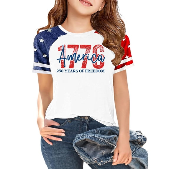 CCRFTGI 4th of July Tops for Child Girls 10-12 Short Sleeve Happy 1776 American Flag Summer Cute Casual Tshirts 250th anniversary usa shirt Girls Clothes Tshirts Beige 11-12 Years