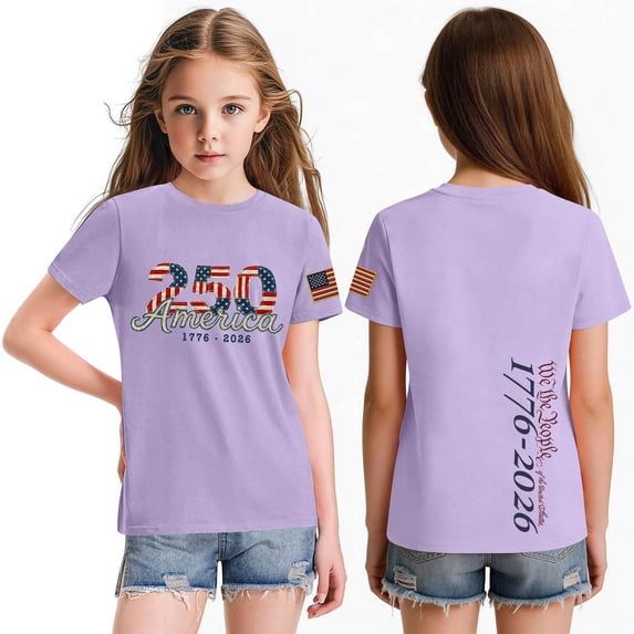 CCRFTGI 4th of July Tops for Child Girls 10-12 Short Sleeve Happy 250 anniversary usa shirt Summer Cute Casual Tshirts Independence Day Girls Fashion Tshirts Purple 5-6 Years