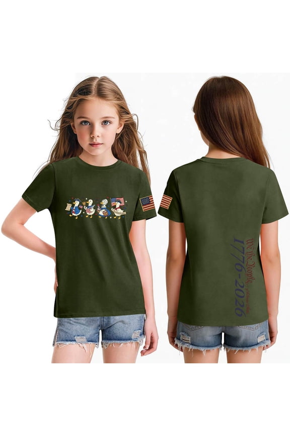 4th of July Tops for Child Girls Size 10-12 Short Sleeve Happy 250 anniversary usa flag Ducks Summer Patriotic T-Shirts 1776 Festival Teen Girl Clothes Tee Top Army Green 3-4 Years