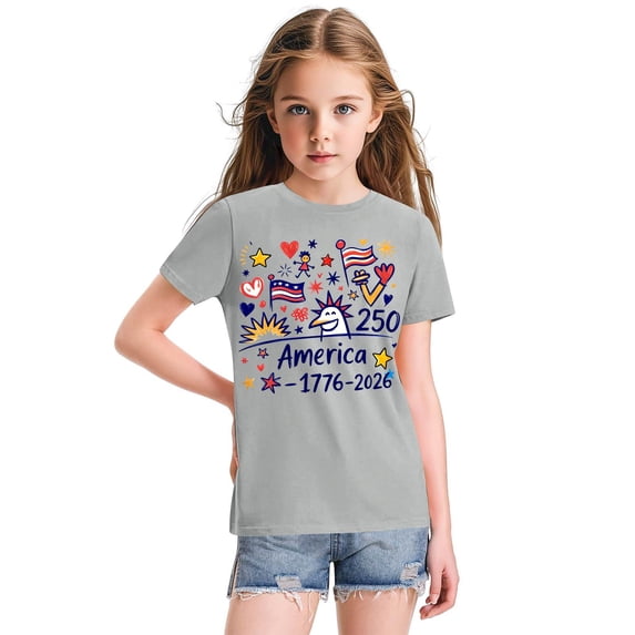 CCRFTGI 4th of July Tops for Kids Girls 10-12 Short Sleeve Happy 250th Anniversary 1776-2026 Summer Patriotic Tunic Blouses Independence Day Girls Clothes Tops Light Gray 5-6 Years