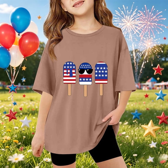 CCRFTGI 4th of July Tops for Kids Girls Size 10-12 Short Sleeve Happy July 4th Celebration Summer Casual T-Shirts 1776 Festival Girls Clothes Tops Light Brown 2-3 Years