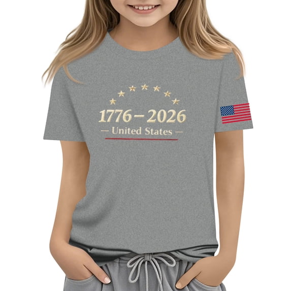 CCRFTGI 4th of July USA Shirts for Children Girls Size 7 Short Sleeve Funny 1776-2026 Summer Freedom Tunic Blouses Independence Day Girls Clothes Tee Shirt Gray 9-10 Years