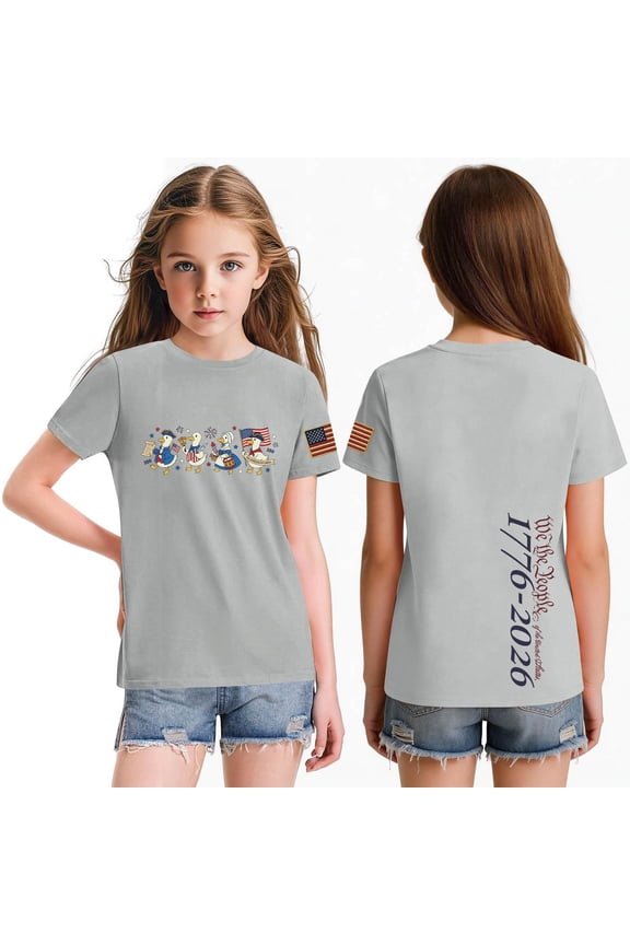 4th of July USA Shirts for Children Girls Size 7 Short Sleeve Funny 250 anniversary usa flag Ducks Summer Cute T-Shirts Patriotic Teen Girl Clothes Tshirts Light Gray 3-4 Years