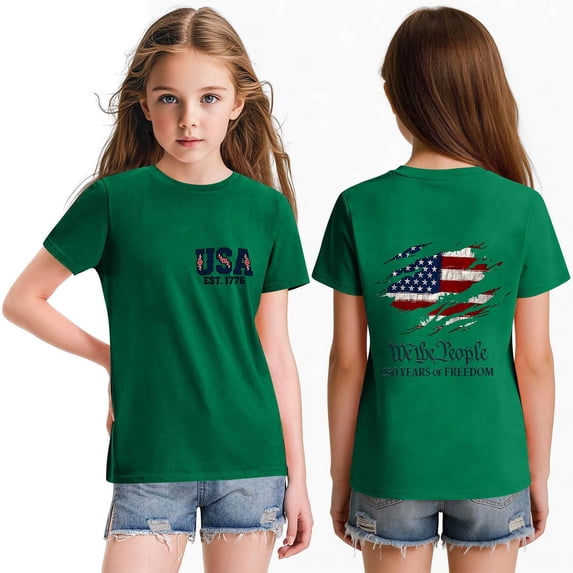 CCRFTGI 4th of July USA Shirts for Children Girls Size 8 Short Sleeve Funny USA Flag Summer Cute Tunic Blouses Patriotic Girls Clothes Tshirts Green 4-5 Years