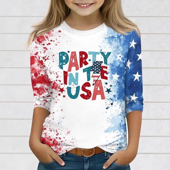 CCRFTGI 4th of July USA Tops for Child Girls Size 7 3/4 Sleeve Funny Happy USA Flag Summer Cute T-Shirts Patriotic Girls Fashion Tshirts Light Blue 3-4 Years