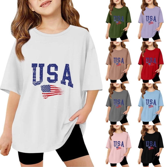 CCRFTGI 4th of July USA Tops for Child Girls Size 7 Short Sleeve Funny Bow USA Flag Summer Freedom Tunic Blouses Patriotic Girls Clothes Tee Shirt Pink 12-13 Years