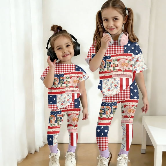 CCRFTGI 4th of july Outfits for Children Girls 10-12 Cute 1776 2 Piece Outfits American Flag Stars Striped Short Sleeve Tops and Elastic Waist Pants Athletic Clothing Sets Watermelon Red 2-3 Years