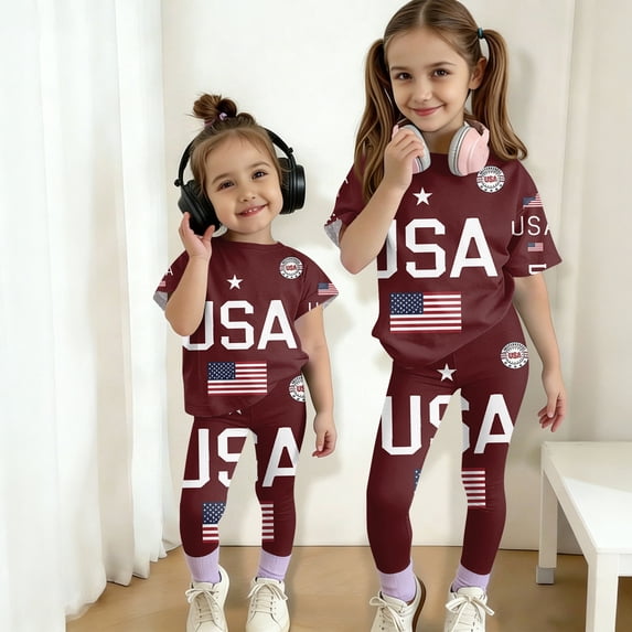 CCRFTGI 4th of july Outfits for Children Girls Size 7 Patriotic 2 Piece Outfits USA Flag Oversized T Shirts and Leggings Elastic Waist Freedom Sets for Girls Brown 2-3 Years