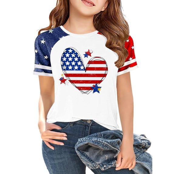 CCRFTGI American 4th of July Shirts for Children Girls Size 7 USA Shirts Funny American Flag Stars Heart Summer Freedom T-Shirts Independence Day Girls Fashion Tshirts White 9-10 Years