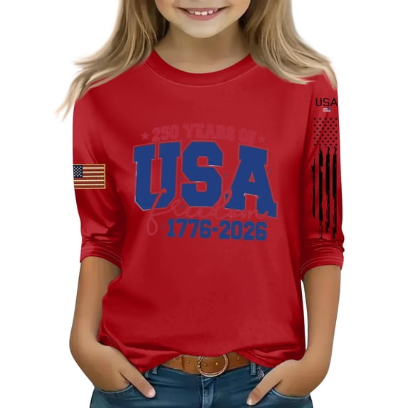 CCRFTGI American 4th of July Shirts for Children Girls Size 8 3/4 Sleeve Funny 250 anniversary usa flag Summer Cute Tunic Blouses Independence Day Teen Girl Clothes Tshirts Red 11-12 Years