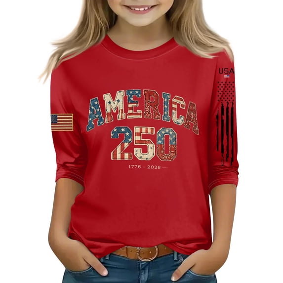 CCRFTGI American 4th of July Shirts for Children Girls Size 8 USA Shirts Funny 3/4 Sleeve 250 anniversary usa flag Summer Freedom Independence Day Girls Clothes Tee Tops Red 3-4 Years