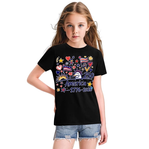 CCRFTGI American 4th of July Shirts for Kids Girls Size 7 USA Shirts Funny 250th Anniversary 1776-2026 Summer Freedom T-Shirts Patriotic Girls Fashion Tee Tops Black 7-8 Years
