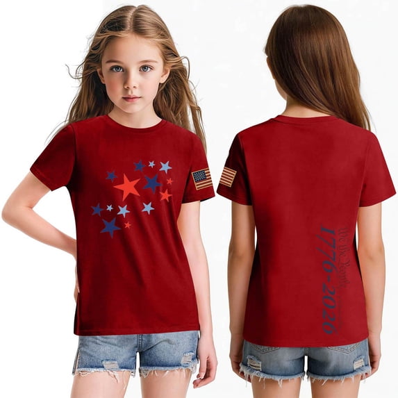 CCRFTGI American 4th of July Tops for Kids Girls Size 8 Short Sleeve Funny American Flag Stars Summer Cute Tunic Blouses Independence Day Girls Clothes Tee Shirt Red 7-8 Years