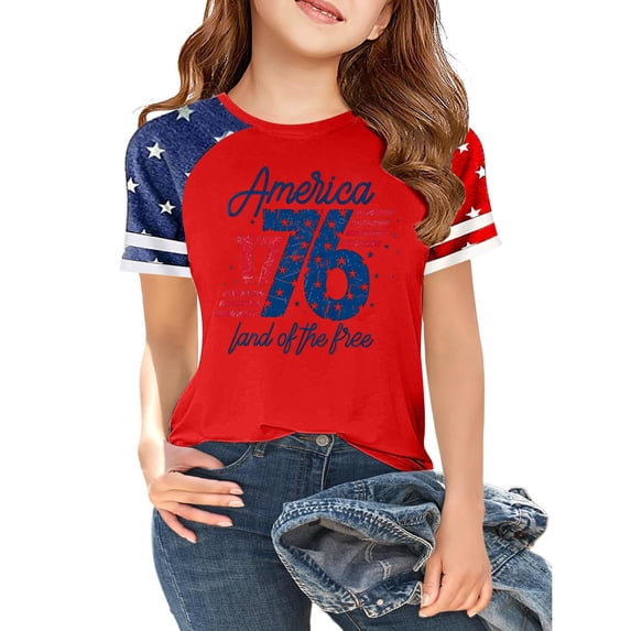 CCRFTGI American Flag Shirts for Kids Girls Boys Patriotic Freedom 4th Of July 1776 American Flag Tshirt July 4th Celebration Summer Shirts 1776 Tee Tops Wine 7-8 Years