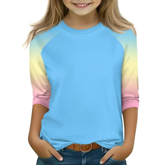 CCRFTGI Beige Shirts for Girls 2025 Summer Raglan 3/4 Sleeve Crewneck Shirt Casual Gradient Top Going Out Lightweight Tops & Blouses,Beige 10-11 Years