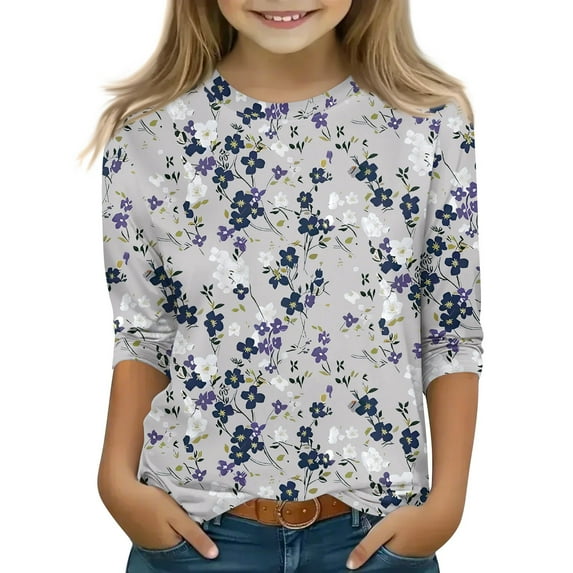 CCRFTGI Big Girls Size 12 Tops Preppy Crew Neck Tween Girls Tops Floral Graphic 3/4 Length Sleeve Shirts Fall Girls Clothes Size 8 Gray 10-11 Years