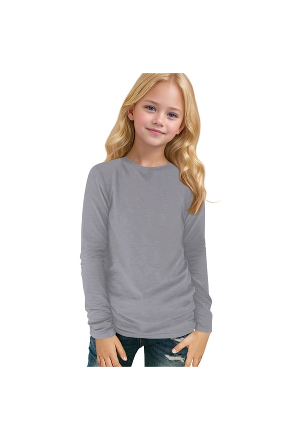 Black Long Sleeve Shirts for Girls Cute Girls Tops Kids Crew Neck Tshirts Size 10-12 Plain Tween Girls Clothes Trendy Gray 140