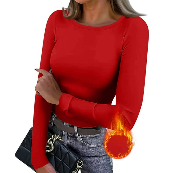 CCRFTGI Black Shirt for Women Long Sleeve Thermal Fleece Lined Baselayer Shirt Stretch Fitted Slim Fit Underwear Shirt Fall Winter Cold Weather Crew Neck Blouse Red S