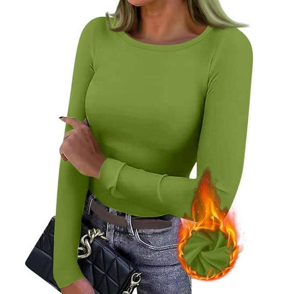 CCRFTGI Shirt for Women Long Sleeve Thermal Fleece Lined Baselayer Shirt Stretch Fitted Slim Fit Underwear Shirt Fall Winter Cold Weather Crew Neck Blouse Green 2XL