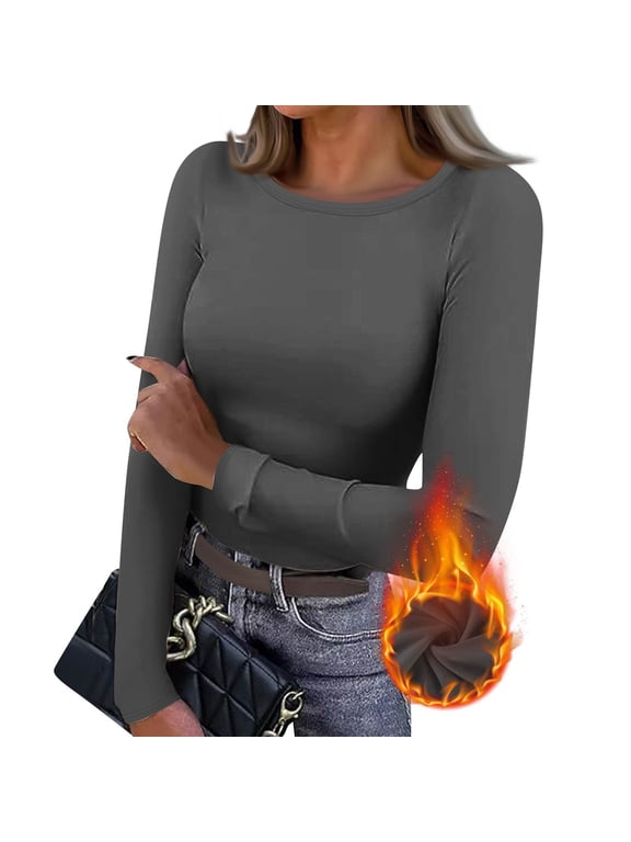 Shirt for Women Long Sleeve Thermal Fleece Lined Shirt Base Layer Trendy Slim Fit Underwear Shirts Tops Fall Winter Cold Weather Crew Neck Blouse Light Gray S