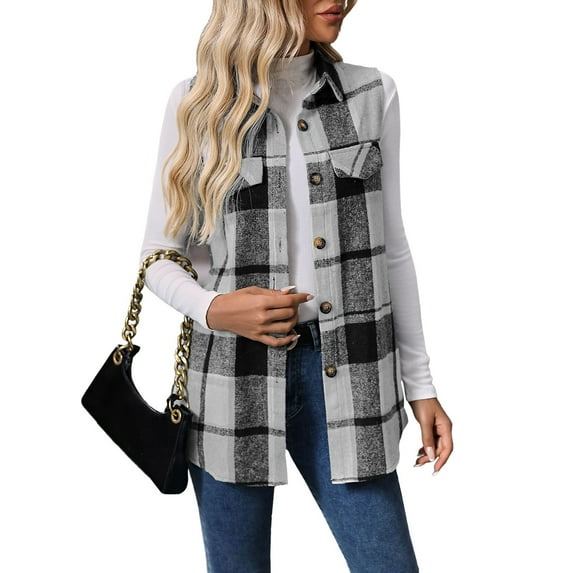 CCRFTGI Black Vest for Women Flannel Buffalo Plaid Shacket Casual Lapel Neck Sleeveless Cardigan Trench Coat Top Fall Long Button Up Jackets Gray M