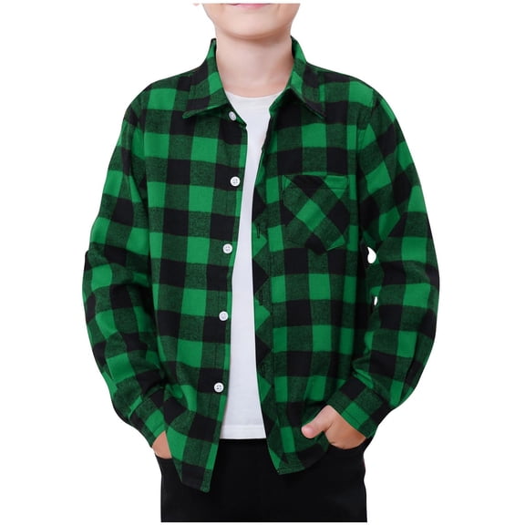 CCRFTGI Boys Button Down Shirt Fashion Buffalo Plaid Flannel Shirts Long Sleeve Soft Comfy Outfits Green 7-8Years