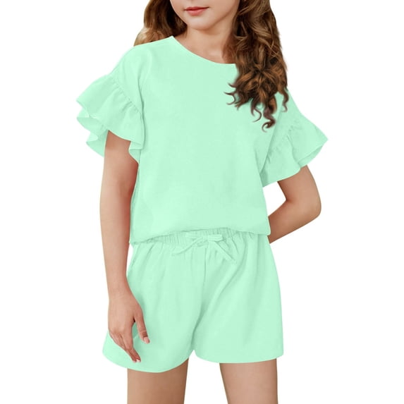 CCRFTGI Boys Girls' Clothing Sets Summer Outfits 10-12 2 Piece Outfits Cute Preppy Clothing Sets Casual Ruffle Sleeve Tee Top and Drawstring Waist Shorts Athletic Lounge Set Mint Green 10-11 Years