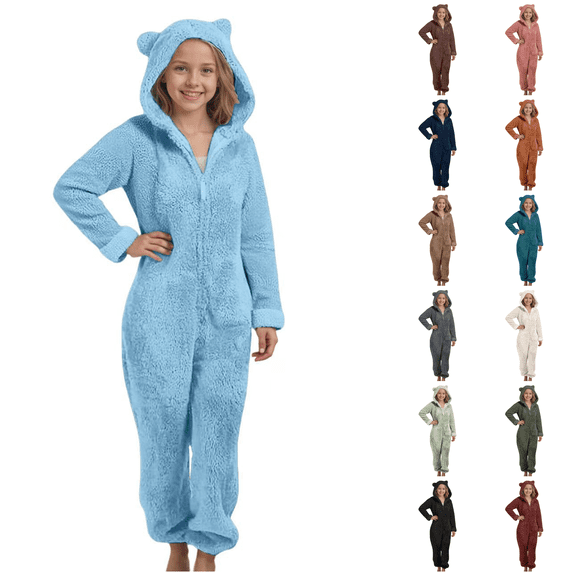 CCRFTGI Boys Girls Pajamas Onesies Hooded Long Sleeve Zip Up Jumpsuits Soft Warm Homewear With Pockets Sky Blue 5-14Years