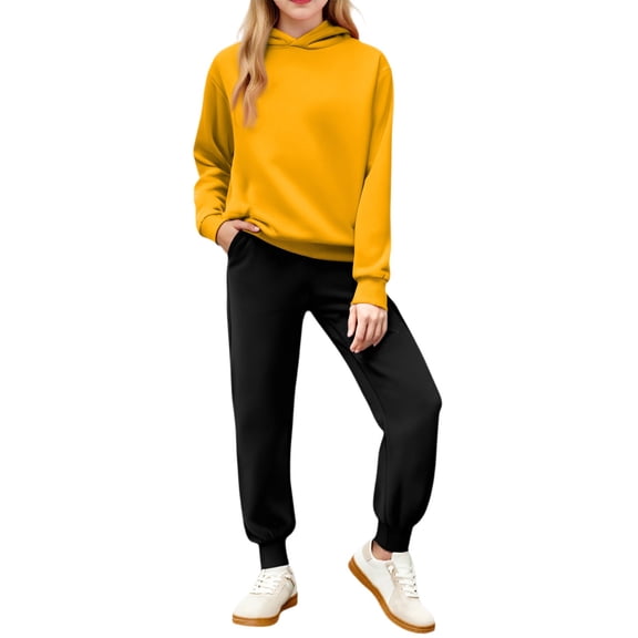 CCRFTGI Boys Girls Sweat Suit 2 Piece Athletic Outfits Causal Long Sleeve Sweatsuit Fall Fashion Soild Tracksuit Jogging Outfits Set Fluorescence Yellow 8-9Y