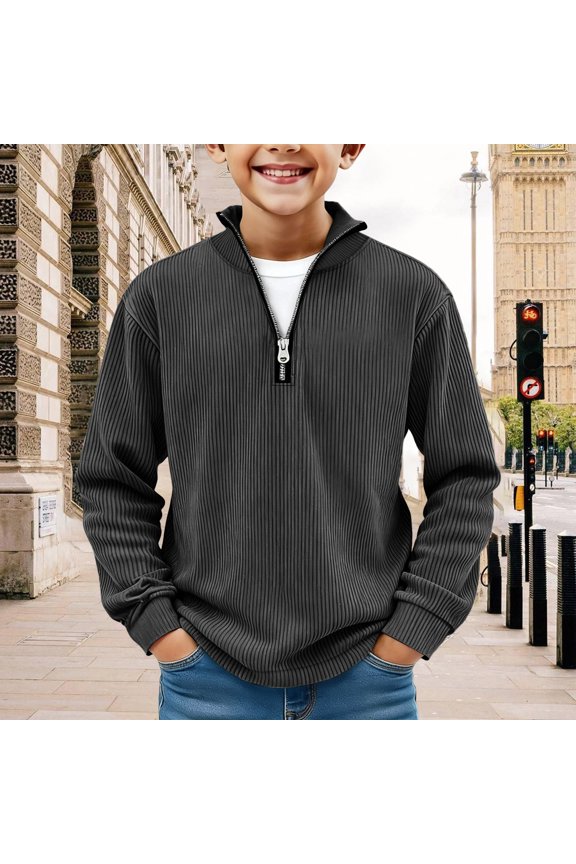 Boys Long Sleeve Shirts Quarter Zip Sweatshirt Casual Size 7 Pullover Tops Soft Fashion Elbow Patched Spring Day Top Dark Gray 11-12Y