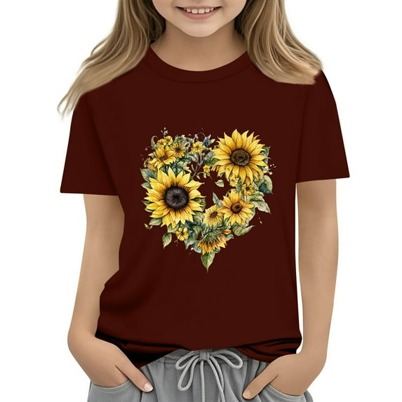 CCRFTGI Boys Shirts Casual Fashion T Shirt Crewneck Wine Tshirt 2025 Summer Sunflower Graphic Short Sleeve Shirts,Wine 5-7 Years