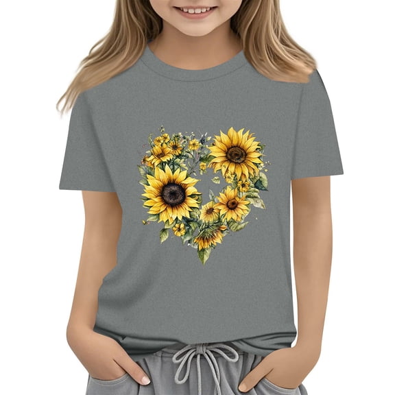 CCRFTGI Boys Shirts Cute Fashion T Shirts Crewneck Dark Gray Tshirt 2025 Summer Sunflower Graphic Short Sleeve Shirt,Dark Gray 12-13 Years