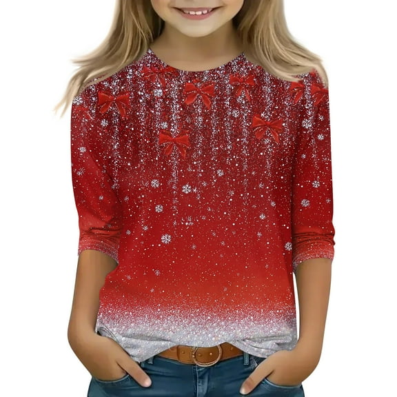CCRFTGI Christmas 3/4 Length Sleeve Shirts for Girls Size 12 Basic Tween Girls Clothes Size Trendy Crewneck Cute Floral Print T Shirts Kids Spring Outfits Wine 6-7 Years