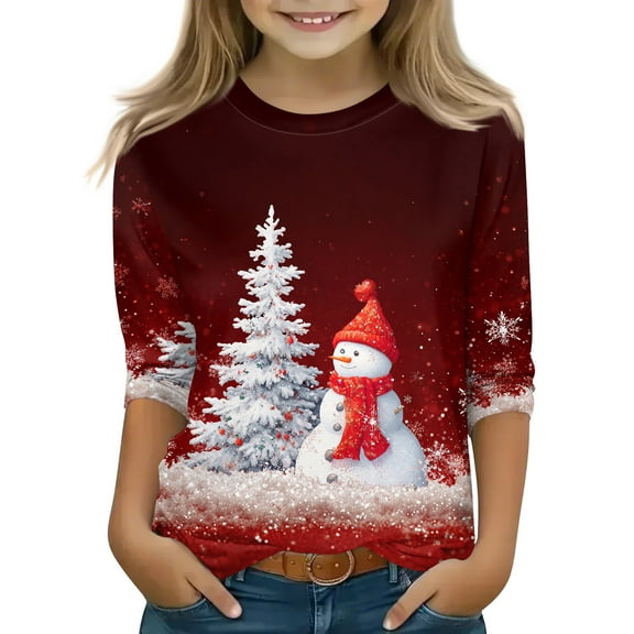 CCRFTGI Christmas 3/4 Length Sleeve Shirts for Girls Size 12 Basic Tween Girls Clothes Size Trendy Crewneck Cute Snowflake Snowman Print T Shirts Kids Spring Outfits Beige 6-7 Years
