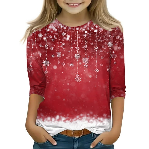 CCRFTGI CHristmas 3/4 Length Sleeve Shirts for Girls Spring Cute Floral Print Girls Tops 12-14 Crewneck Tee Shirt Trendy Kids Tween Girls Clothes Watermelon Red 4-5 Years