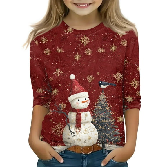 CCRFTGI CHristmas 3/4 Length Sleeve Shirts for Girls Spring Trendy Girls Tops 12-14 Kids Crewneck Tee Shirt Cute Xmas Snowman Print Plain Tween Girls Clothes Light Green 6-7 Years
